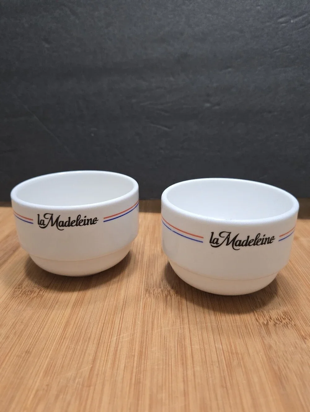 (2) La Madeleine French Cafe stacking custard cups or tea bowls Bon Appetit